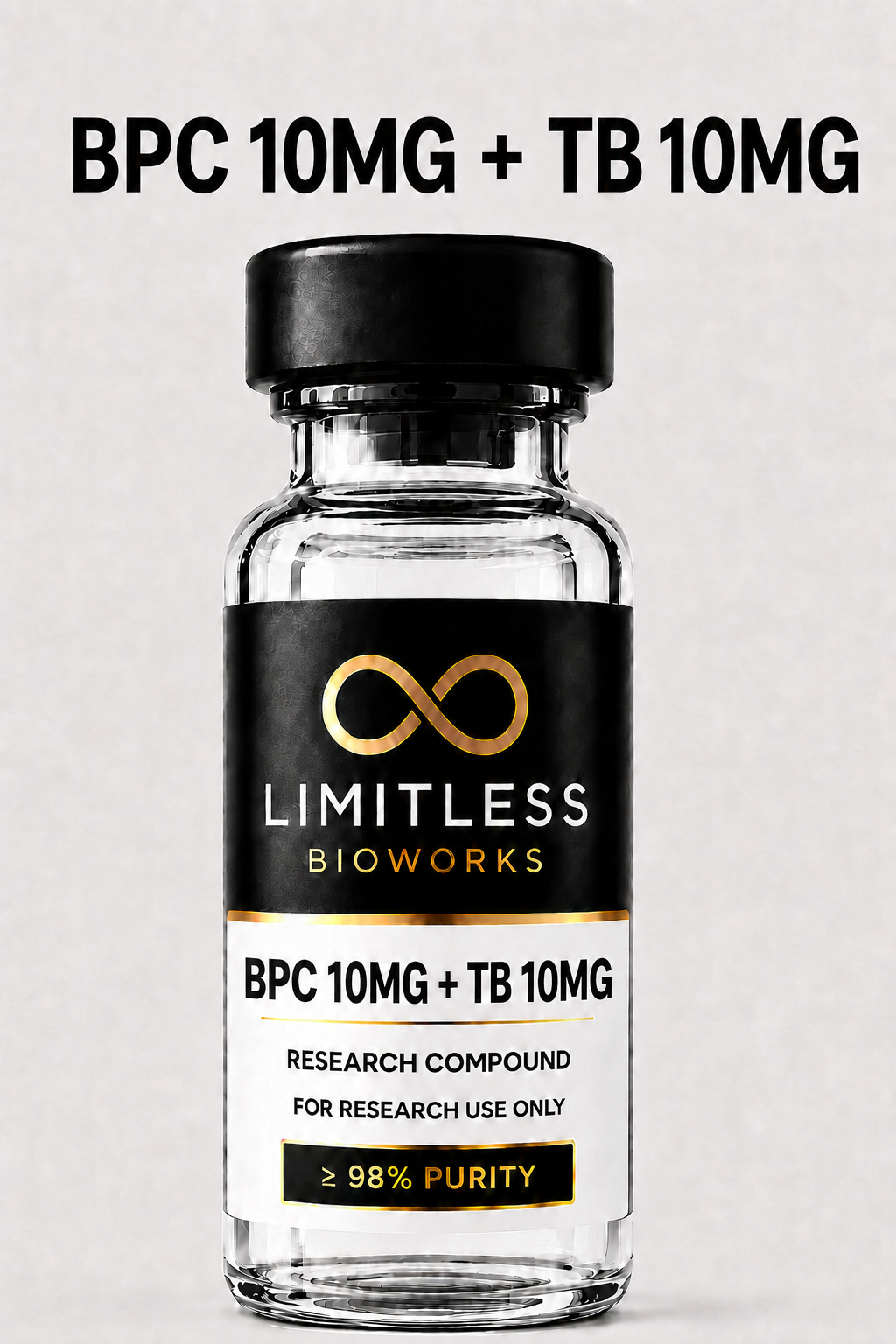 BPC 10MG + TB 10MG research compound vial by Limitless BioWorks