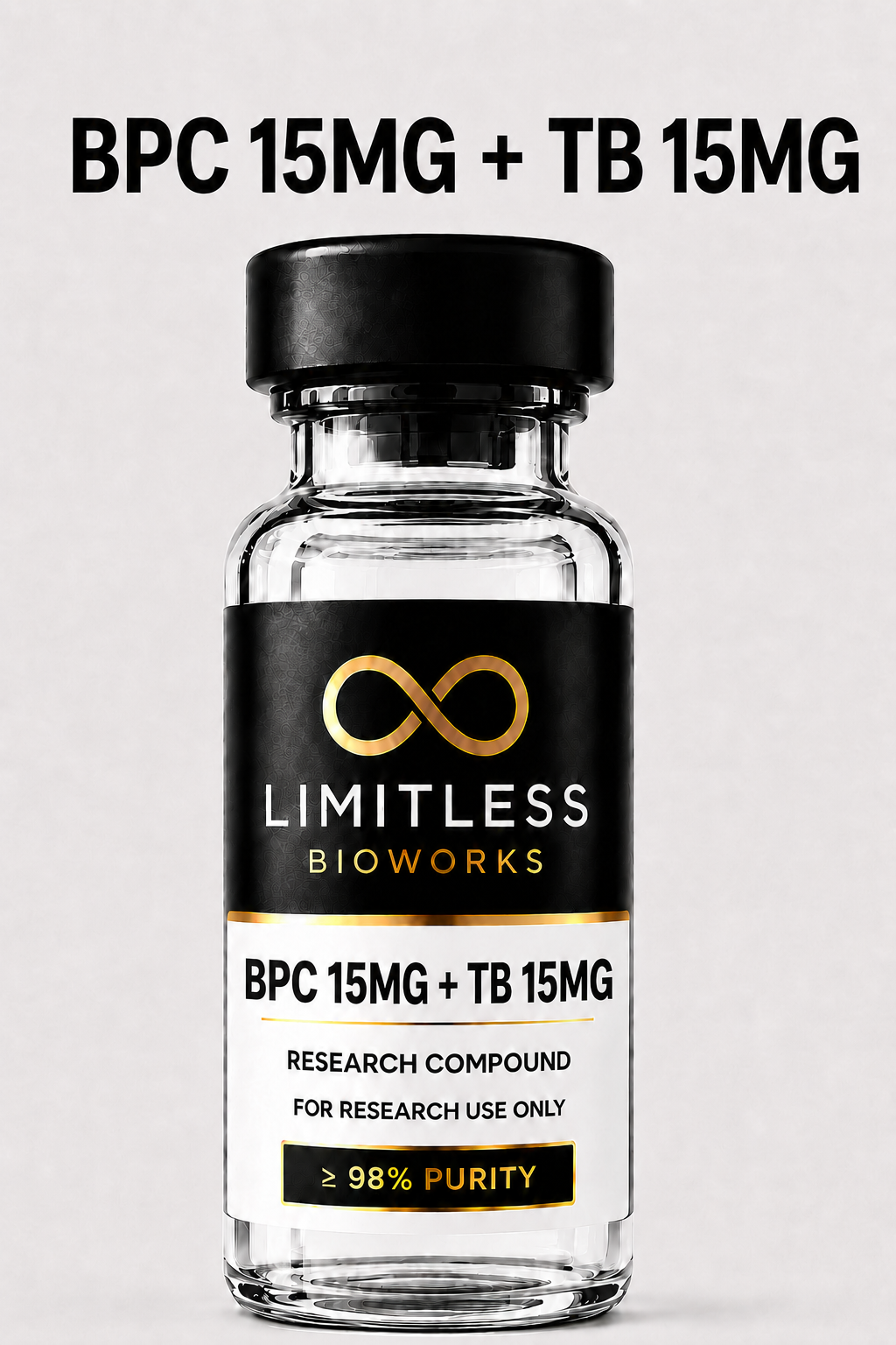 BPC 15MG + TB 15MG research compound vial by Limitless BioWorks